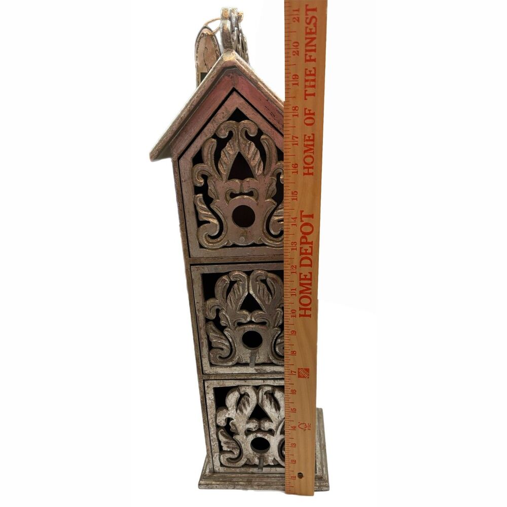Bird House Storage Tower Drawers Carved Silver Tone Shabby Decor Cottagecore - Picture 5 of 7